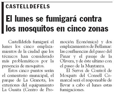 Notícia publicada al setmanari EL FAR sobre les fumigacions que es faran a Castelldefels contra el mosquit tigre (17 d'Octubre de 2008)